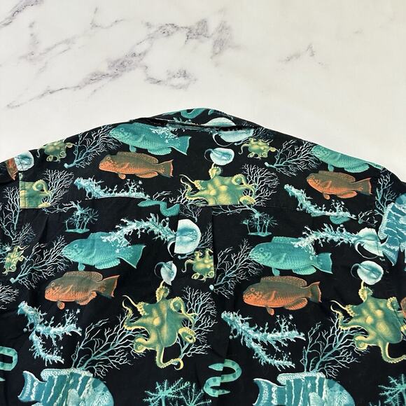 LRG Mens Button Up Shirt Size L Black Blue Ocean Sea Life Octopus Fish Print - Picture 9 of 12